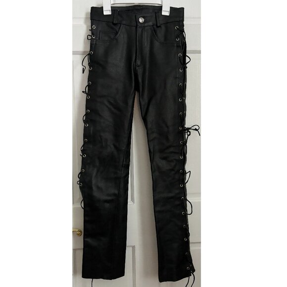 Leather Lace Up Side Pants Black XS Vintage Size 28 Tie ARD Champs Genuine Biker - Picture 1 of 11